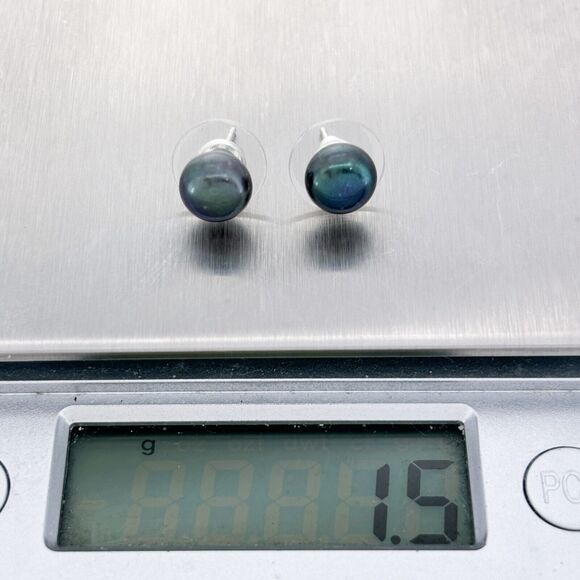 Vintage Sterling Silver 925 7.5mm Iridescent Dark Blue Pearl Stud Earrings - Picture 6 of 6